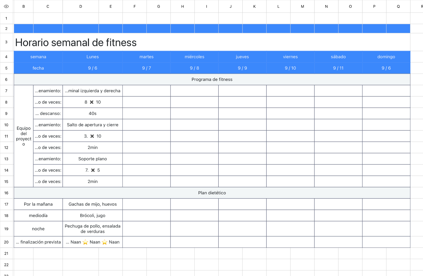 Horario semanal de fitness